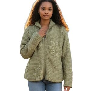 Flair Quilted Textured Zip Up Jacket Women Medium Olive Green Floral Applique